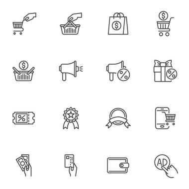 Etrade pazarlama çizgisi simgeleri seti, çevrimiçi alışveriş ana hatları vektör koleksiyonu, lineer stil pictogram paketi. Logo illüstrasyonu işaretleri. Sette alışveriş arabası olarak simgeler, indirim, satış, ödeme