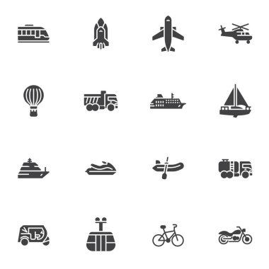 Ulaşım ve Araç vektör simgeleri seti, modern katı sembol koleksiyonu, doldurulmuş resim paketi. Logo illüstrasyonu işaretleri. Uçak, tren, gemi, helikopter, kamyon, bisiklet gibi simgeler