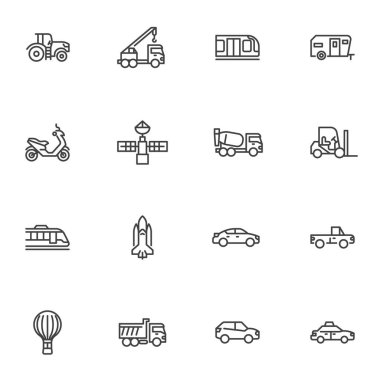 Transportation line icons set, outline vector symbol collection, linear style pictogram pack. Signs, logo illustration. Set includes icons as tractor, train, sedan car, truck, boat, scooter, satellite clipart