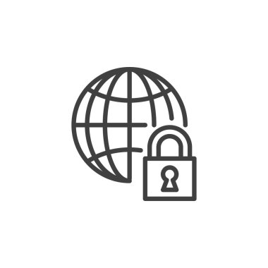 Küresel uyum çizgisi simgesi. Mobil konsept ve web tasarımı için doğrusal biçim işareti. Dış hat vektör simgesini girin ve kilitleyin. Sembol, logo çizimi. Vektör grafikleri