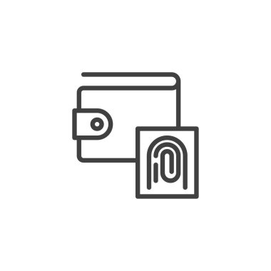 Cüzdan ve parmak izi çizgisi ikonu. Mobil konsept ve web tasarımı için doğrusal biçim işareti. Ödeme doğrulama ana hatları vektör simgesi. Sembol, logo çizimi. Vektör grafikleri