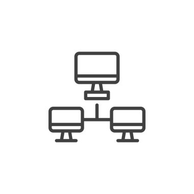 Bilgisayar ağı simgesi. Mobil konsept ve web tasarımı için doğrusal biçim işareti. Bilgisayar sunucusu bağlantısı ana hatlı vektör simgesi. Sembol, logo çizimi. Vektör grafikleri