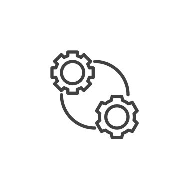Etkileşim süreci çizgi simgesi. Mobil konsept ve web tasarımı için doğrusal biçim işareti. Vites bağlantısı ana hat vektör simgesi. Sembol, logo çizimi. Vektör grafikleri
