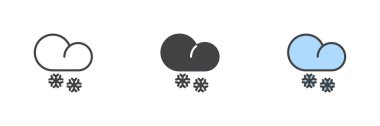 Bulut ve kar farklı stil ikonu seti. Çizgi, kabartma ve doldurulmuş renkli versiyon, ana hatlar ve doldurulmuş vektör işareti. Kış hava durumu sembolü, logo çizimi. Vektör grafikleri