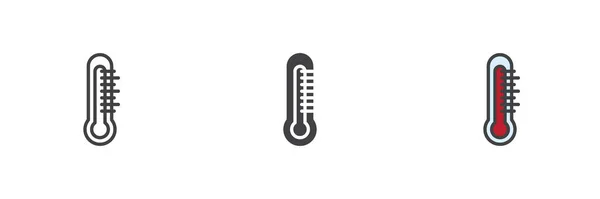 Termometro Temperatura Stile Diverso Icona Impostata Linea Glifo Contorno Riempito — Vettoriale Stock