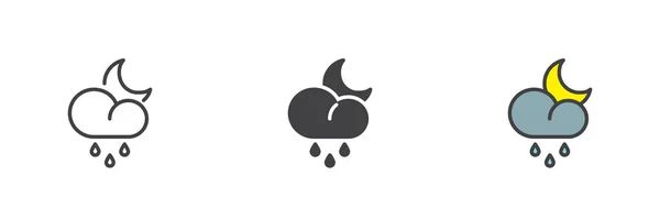 雨の雲と月の異なるスタイルのアイコンセット グリフ 塗りつぶしのアウトラインのカラフルなバージョン アウトライン 塗りつぶしのベクトル記号 夜の天候のシンボル ロゴイラスト ベクトルグラフィックス — ストックベクタ