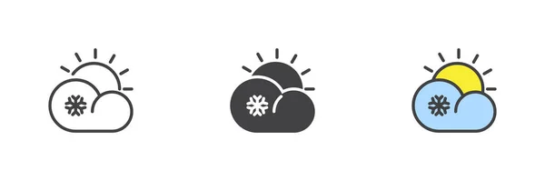 雲の雪と太陽の異なるスタイルのアイコンセット グリフ 塗りつぶしのアウトラインのカラフルなバージョン アウトライン 塗りつぶしのベクトル記号 冬の天候のシンボル ロゴイラスト ベクトルグラフィックス — ストックベクタ