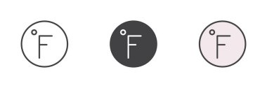 Fahrenheit derecesi farklı stil simgesi seti. Çizgi, kabartma ve doldurulmuş renkli versiyon, ana hatlar ve doldurulmuş vektör işareti. Sembol, logo çizimi. Vektör grafikleri