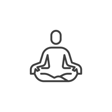 Meditasyon yoga çizgisi simgesi. Mobil konsept ve web tasarımı için doğrusal biçim işareti. Meditasyon duruşu ana hatlı vektör simgesi. Sembol, logo çizimi. Vektör grafikleri