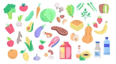 Sağlıklı yemek klipsi sanatı. Meyve ve sebze ikonları. Market ürünleri yanılsama. Doğal organik beslenme geçmişi