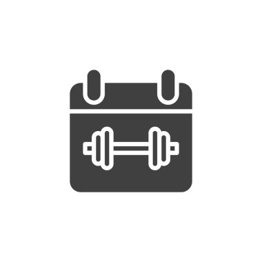 Spor günü takvim vektör simgesi. Spor programı mobil konsept ve web tasarımı için düz tabela doldurdu. Dambıl sembollü takvim. Sembol, logo çizimi. Vektör grafikleri