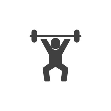 Ağırlık kaldırma sporu ikonu. Halterli bir adam mobil konsept ve web tasarımı için tabela doldurdu. Dayanıklılık eğitim sembolü. Jimnastik sembolü, logo çizimi. Vektör grafikleri