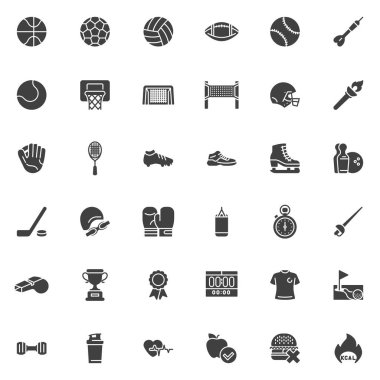 Spor ve ödül vektör simgeleri seti, modern katı sembol koleksiyonu, doldurulmuş resim paketi. İşaretler, logo illüstrasyonu. Sette basketbol, futbol, voleybol, beyzbol, tenis gibi ikonlar yer alıyor