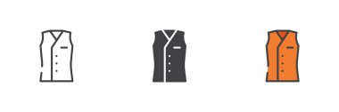 Giysi yeleği farklı stil simgesi seti. Çizgi, kabartma ve doldurulmuş renkli versiyon, ana hatlar ve doldurulmuş vektör işareti. Sembol, logo çizimi. Vektör grafikleri