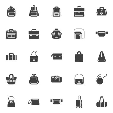 Çanta vektör simgeleri seti, modern katı sembol koleksiyonu, doldurulmuş biçim piktogram paketi. İşaretler, logo illüstrasyonu. Çanta, debriyaj, sırt çantası, çanta, cüzdan, ofis çantası olarak simgeler