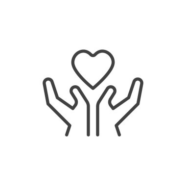 Kalp çizgisi ikonu olan eller. Mobil konsept ve web tasarımı için doğrusal biçim işareti. Sağlık hizmetleri ana hatları vektör ikonu. Yardım sembolü, logo illüstrasyonu. Vektör grafikleri