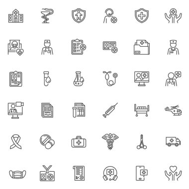 Tıbbi hizmet hattı simgeleri ayarlandı. Doğrusal biçim sembolleri koleksiyonu, ana tabela işaretleri paketi. Sağlık hizmeti vektör grafikleri. Laboratuvar kaydı, çevrimiçi danışma ve eczane olarak simgeleri küme