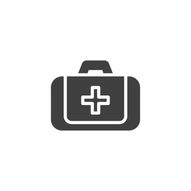 İlk yardım çantası vektör simgesi. Mobil konsept ve web tasarımı için tıbbi haç dolu düz tabela çantası. Doktor poşeti sembolü. Sembol, logo çizimi. Vektör grafikleri