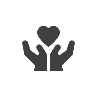 Kalp vektör ikonu olan eller. Mobil konsept ve web tasarımı için düz tabela. Sağlık hizmetleri sembolü. Yardım sembolü, logo illüstrasyonu. Vektör grafikleri