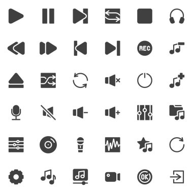 Ses ve video UI vektör simgeleri seti, modern katı sembol koleksiyonu, doldurulmuş biçim piktogram paketi. İşaretler, logo illüstrasyonu. Müzik çalar arayüzü, ortam kontrol düğmeleri ve video olarak simgeleri ayarla