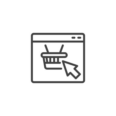 E-ticaret çizgisi simgesi. Mobil konsept ve web tasarımı için web sitesi ve alışveriş septi doğrusal tabela. Çevrimiçi pazarlama ana hatları vektör simgesi. Sembol, logo çizimi. Vektör grafikleri