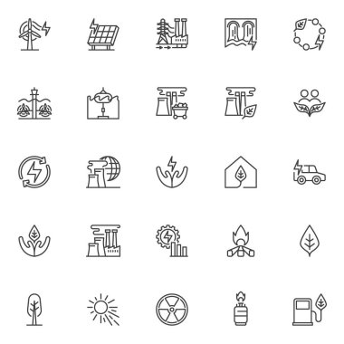 Alternatif enerji çizgisi simgeleri ayarlandı. Doğrusal biçim sembolleri koleksiyonu, ana tabela işaretleri paketi. Çevre dostu vektör grafikleri. Güneş enerjisi, rüzgar türbini, yenilenebilir enerji ve elektrikli araba gibi simgeleri içerir