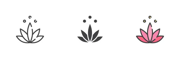 蓮の花異なるスタイルのアイコンセット グリフ 塗りつぶしのアウトラインのカラフルなバージョン アウトライン 塗りつぶしのベクトル記号 瞑想のシンボル ロゴイラスト ベクトルグラフィックス — ストックベクタ