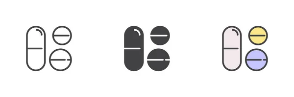 Orvosi Tabletták Különböző Stílusú Ikon Készlet Vonal Jel Kitöltött Vázlat — Stock Vector