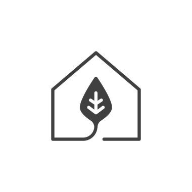 Sera vektör simgesi. Mobil konsept ve web tasarımı için yaprak dolu düz tabelalı ev. Eko ev sembolü. Sembol, logo çizimi. Vektör grafikleri