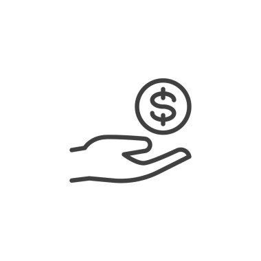 Para yatırımı simgesi. Mobil konsept ve web tasarımı için el ve dolar doğrusal yazı tipi. Finansal tasarruf taslağı vektör ikonu. Sembol, logo çizimi. Vektör grafikleri