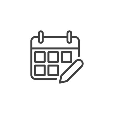 Takvim çizelgesi simgesi. Mobil konsept ve web tasarımı için doğrusal biçim işareti. Takvim gündemi ve kalem çizgisi vektör simgesi. Sembol, logo çizimi. Vektör grafikleri