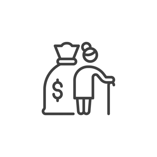 退休线图标 移动概念和网页设计的线性风格标志 老妇人和钱袋轮廓矢量图标 标识插图 矢量图形 — 图库矢量图片