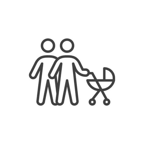 赤ん坊線のアイコンを持つゲイカップル モバイルコンセプトとウェブデザインのためのリニアスタイルのサイン 赤ちゃんの馬車の輪郭ベクトルのアイコンと同性愛のカップルゲイ シンボル ロゴイラスト ベクトルグラフィックス — ストックベクタ