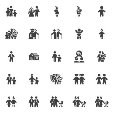 Aile ilişkileri vektör simgeleri seti, modern katı sembol koleksiyonu, doldurulmuş resim paketi. İşaretler, logo illüstrasyonu. Set, annelik, hamilelik, ebeveynlik, çocuk, büyükanne olarak simgeleri içerir