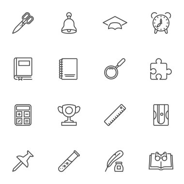 Okul satırı simgeleri seti, ana hat vektör koleksiyonu, doğrusal biçim piktogram paketi. İşaretler, logo illüstrasyonu. Cetvel, akademik şapka, kitap, kalem açacağı, test tüpü olarak simgeleri küme