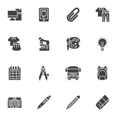Okul ikonları seti, ana hat vektör sembolü koleksiyonu, doğrusal resim paketi. İşaretler, logo illüstrasyonu. Set simgeleri ataç, öğrenci üniforması, okul otobüsü, üniversite, kalem gibi simgeleri içerir