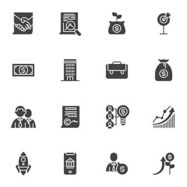 İş ve finans vektör simgeleri seti, modern katı sembol koleksiyonu, doldurulmuş biçim piktogram paketi. İşaretler, logo illüstrasyonu. Kümeler nakit para çantası, ofis, ortaklık, sözleşme olarak simgeleri içerir