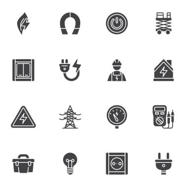 Elektrik vektör simgeleri seti, modern katı sembol koleksiyonu, doldurulmuş biçim piktogram paketi. İşaretler, logo illüstrasyonu. Elektrik kulesi, güç, enerji, multimetre, soket, prize olarak simgeleri içerir
