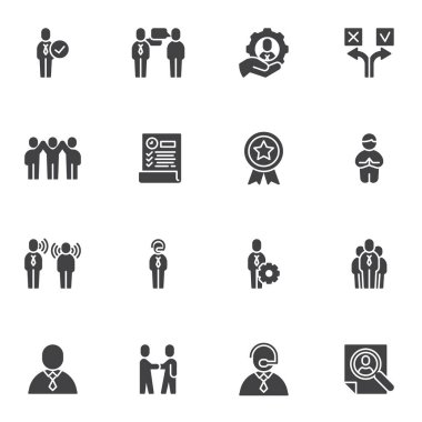 Liderlik vektör simgeleri seti, modern katı sembol koleksiyonu, doldurulmuş biçim piktogram paketi. İşaretler, logo illüstrasyonu. Takım lideri olarak simgeler, ilişki kurma, çatışma yönetimi
