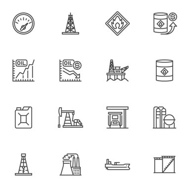 Petrol endüstrisi çizgi simgeleri seti, ana hatlı vektör sembolü koleksiyonu, doğrusal stil piktogram paketi. İşaretler, logo illüstrasyonu. Set, kıyı platformu, petrol fiyatı, rafineri fabrikası, sondaj platformu olarak simgeleri içerir