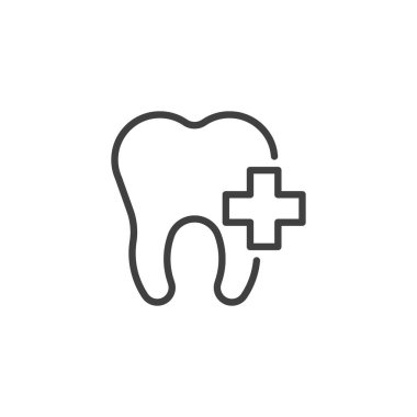 Diş sağlığı çizgisi simgesi. Mobil konsept ve web tasarımı için doğrusal biçim işareti. Diş ve tıbbi haç çizgisi vektör simgesi. Diş hekimliği sembolü, logo çizimi. Vektör grafikleri