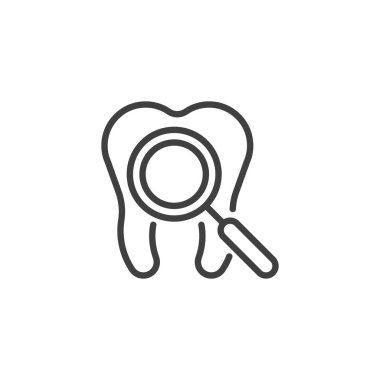 Diş denetleme çizgisi simgesi. Mobil konsept ve web tasarımı için doğrusal biçim işareti. Diş ve büyüteç ana hatları vektör simgesi. Sembol, logo çizimi. Vektör grafikleri