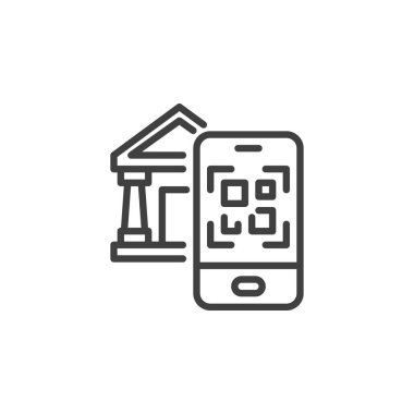 Müze QR kod satırı simgesi. Mobil konsept ve web tasarımı için doğrusal biçim işareti. Mobil müze rehberinin ana hatları vektör simgesi. Sembol, logo çizimi. Vektör grafikleri