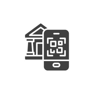 Müze QR kod vektör simgesi. Mobil konsept ve web tasarımı için düz tabela. Mobil müze rehberi sembolü. Sembol, logo çizimi. Vektör grafikleri