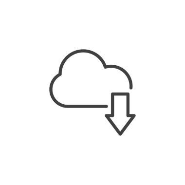 Bulut indirme çizgisi simgesi. Mobil konsept ve web tasarımı için doğrusal biçim işareti. Bulut ve ok aşağı ana hatlı vektör simgesi. Sembol, logo çizimi. Vektör grafikleri