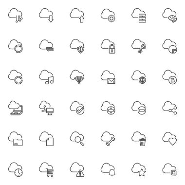 Bulut hesaplama teknolojisi çizgisi simgeleri ayarlandı. Doğrusal biçim sembolleri koleksiyonu, ana tabela işaretleri paketi. UI bulut vektör grafikleri. Veri transferi, ağ bağlantısı ve veritabanı depolaması olarak simgeleri ayarla