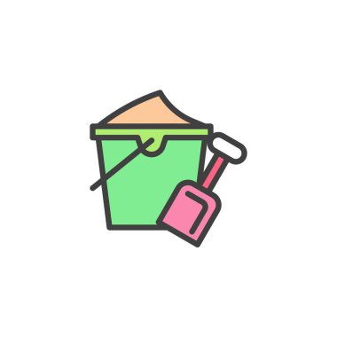 Kum kovası ve kürek doldurulmuş dış hat ikonu, çizgi vektör işareti, beyaz üzerine izole edilmiş doğrusal renkli resim. Sembol, logo çizimi. Vektör grafikleri