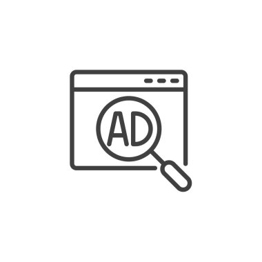 Reklam çizgisi simgesi. Mobil konsept ve web tasarımı için doğrusal biçim işareti. Analiz anahat vektör simgesi tanıtılıyor. Sembol, logo çizimi. Vektör grafikleri