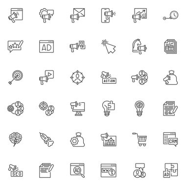 Dijital pazarlama çizgisi simgeleri ayarlandı. Doğrusal biçim sembolleri koleksiyonu, ana tabela işaretleri paketi. İnternet pazarlama vektör grafikleri. Set, promosyon, reklam, duyuru ve yönetim olarak simgeleri içerir