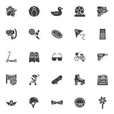 Yaz oyuncakları vektör simgeleri seti, modern katı sembol koleksiyonu, doldurulmuş resim paketi. Logo illüstrasyonu işaretleri. Set, futbol oyunu, bebek lastik oyuncağı, elektrikli scooter, çocuk bisikleti gibi simgeleri içerir